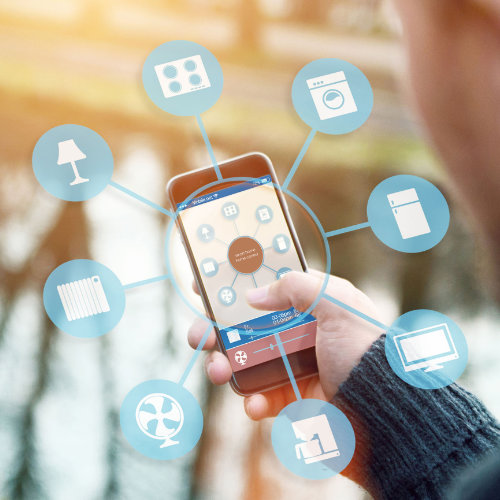 graphic with person holding phone and options flying around phone